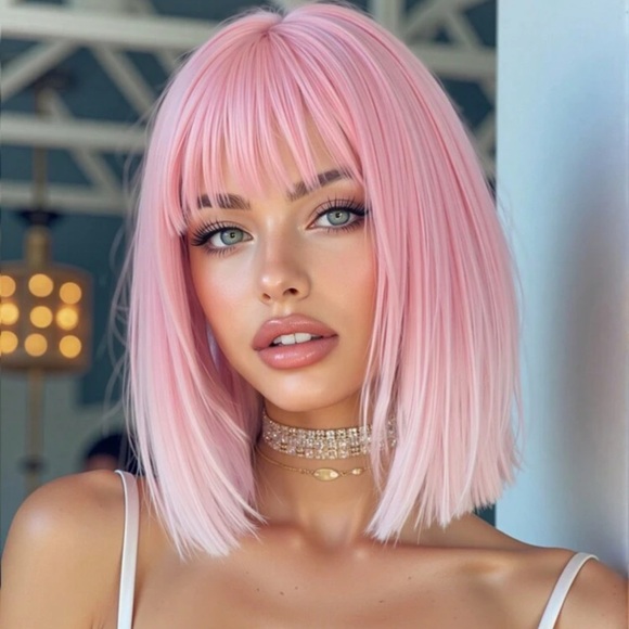 14 Inch Pink Ombre White Bob Wig With Bangs Synthetic Heat Resistant Wigs - Picture 4 of 4